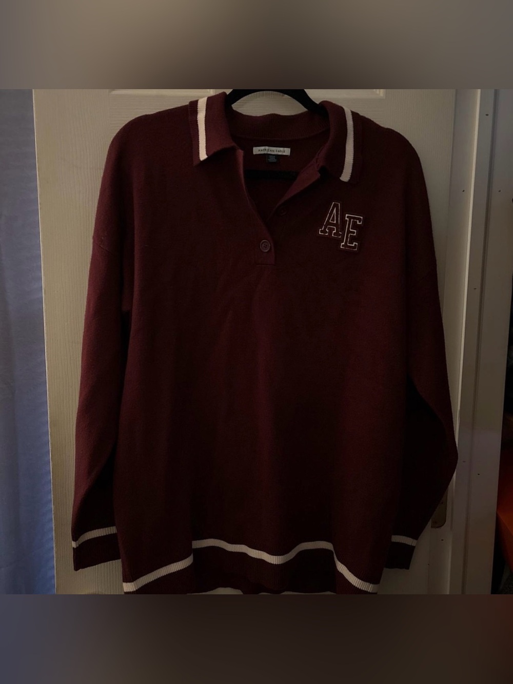 American Eagle Maroon Rugby Pullover with White Trim